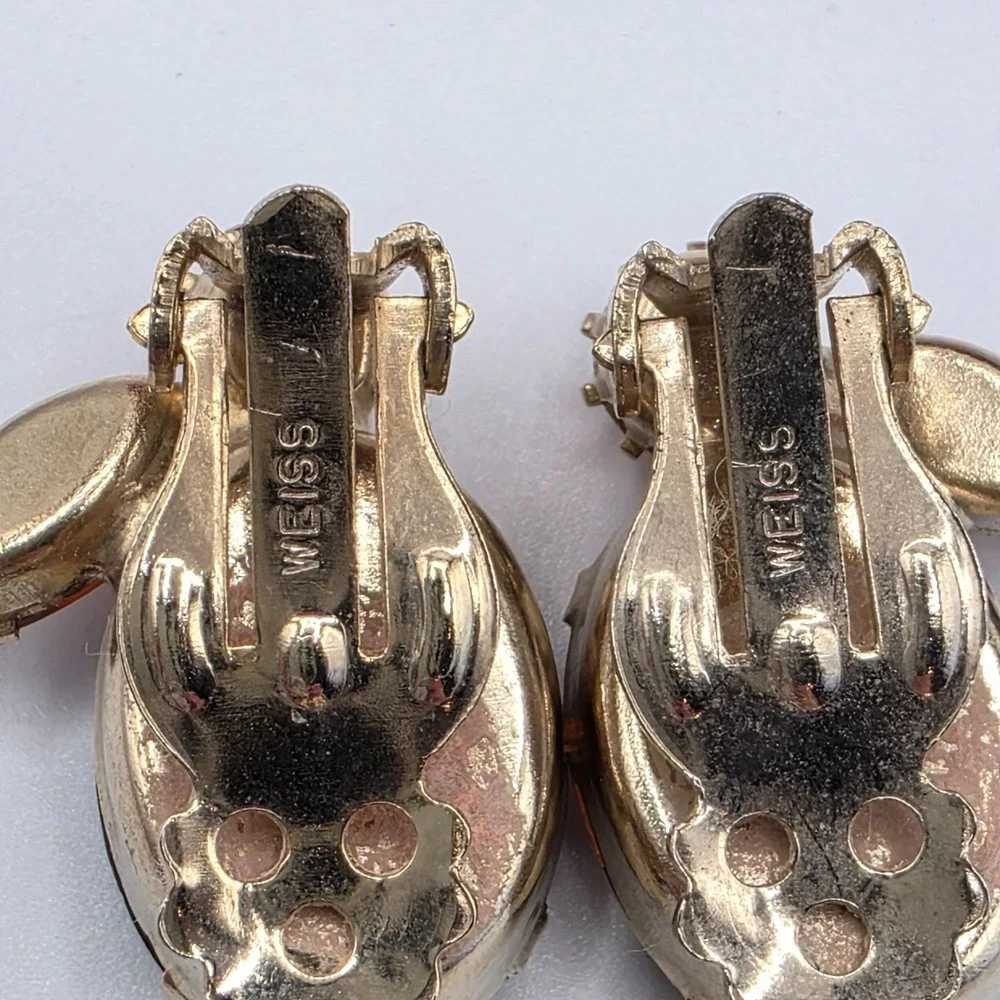 WEISS Brooch Earrings Set Amber Rhinestone Clip‎ Earrings Vintage Stunning Retro